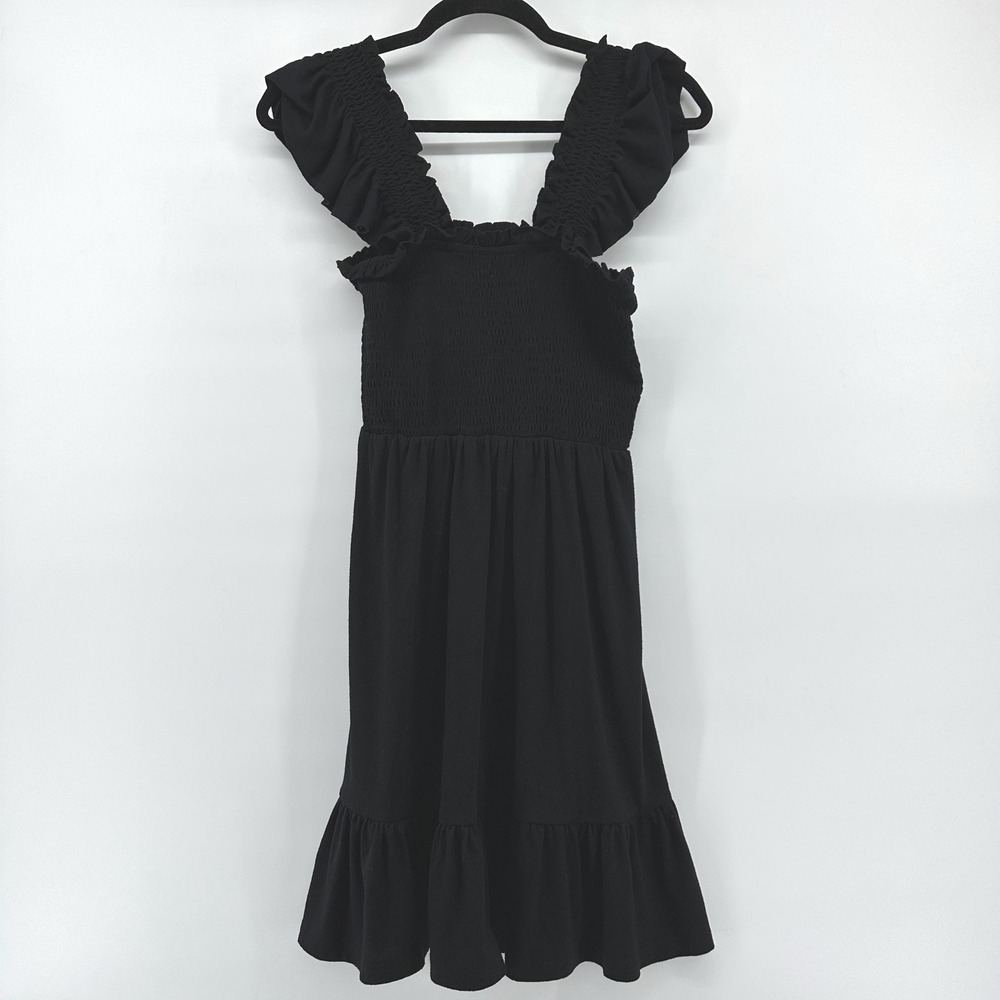 Black Smocked Ruffle Strap Tiered Mini Dress Size Small Sleeveless Square Neck